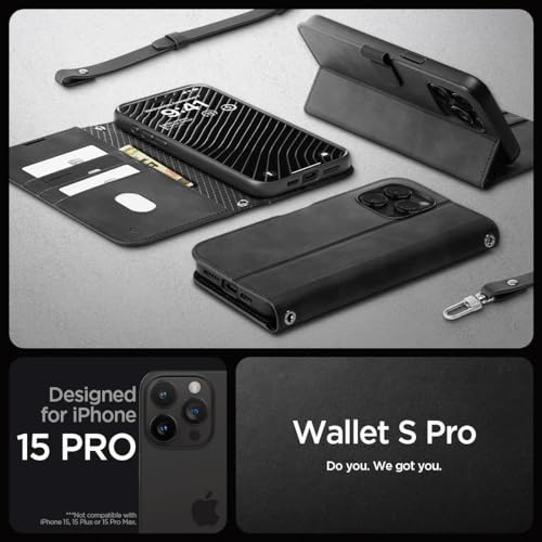 Image of Spigen Wallet S Pro Back Cover Case for iPhone 15 Pro, Flip Cover Wallet Design, Air Cushion Technology - Polycarbonate + TPU | Black