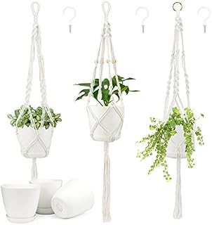 Set of 3 -Plant Hangers with Pots and Hooks, Macrame Hanging Planter Baskets with 3Pcs 6.5" Plastic White Flower Pots and 3pcs Screw in Hooks for Home Decor Patio Ceiling Balcony(Plants NOT Included