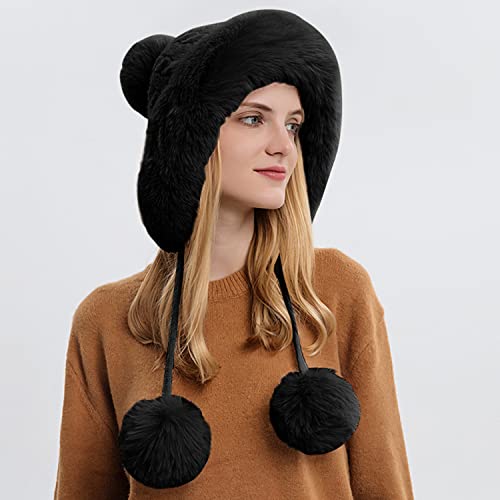 Dawfold Women Knit Beanies Hats Winter Peruvian Cover Ears Faux Fur Crochet Skull Cap With Pompom Fluffy Fleece Lined Black #TOP3