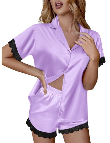Image of Ekouaer Womens Lace Satin Pajama Set Button Down Pj Shorts Set Bridesmaids Getting Ready Outfits Casual Sleepwear XS-XXL