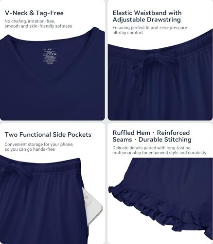 Image of WiWi Womens Pajamas Set Bamboo Viscose Super Soft Short Sleeve Top Ruffle Shorts Sleepwear Cooling Pj Sets S-XXL