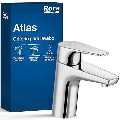 Roca Atlas Grifería para lavabo con tecnología Cold Start, grifo monomando de repisa con enlaces de alimentación flexibles, mezclador para cuarto de baño de fácil instalación, cromado, A5A3290C00