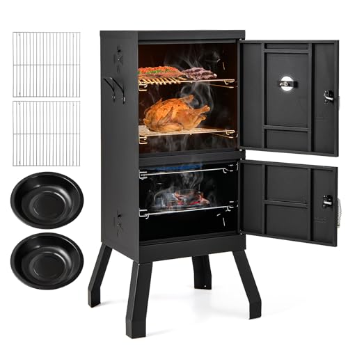 Giantex Outdoor Smoker with Double Doors, 2 Detachable Grill Netting Smoking Racks, Charcoal Pan & Water Pan, 4 Air Vents, Thermometer, Vertical Charcoal Smoker for Barbecue Camping Backyard Grill