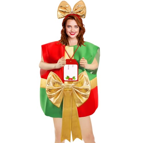 Boyigog Weihnachtskostüme für Erwachsene Weihnachtsgeschenkbox Kleidung mit Goldener Schleife Kostüm mit Haarband Karten, Lustig Weihnachtskostüm für Damen