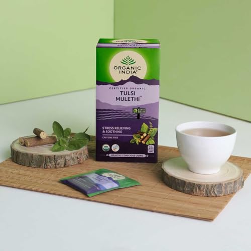 Image of A TATA Product - Organic India Tulsi Mulethi - 25 Tea Bags, Rich in Antioxidants, Eases Cough & Cold Symptoms, Stress Relieving, Boosts Immunity, Caffeine-Free, Whole Herbs Certified Organic