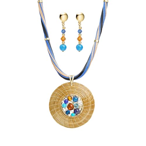 Set Collier Dorée en Or Végétal avec Pierres, Cristal et Ambre et Boucles d'Oreilles (Bleu)