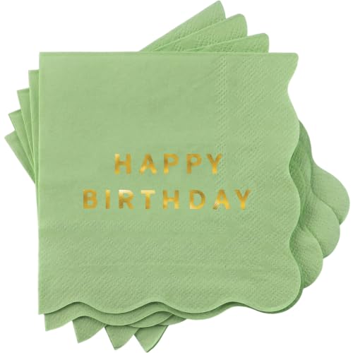 Vuzvuv Happy Birthday Party Scalloped Cocktail Napkins-Gold Light Green
