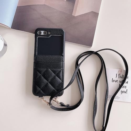 Étui portefeuille Galaxy Z Flip 3 ENILSA avec porte-cartes et bandoulière cuir PU noir