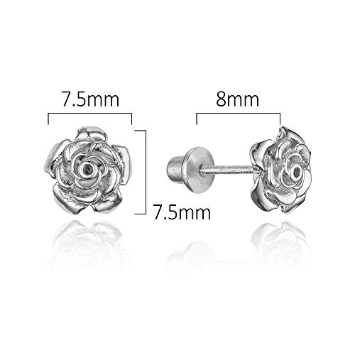 925 Sterling Silver Rhodium Plated Rose Flower Cubic Zirconia Screwback Baby Girls Earrings2