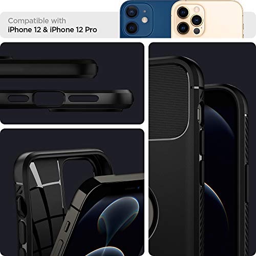 Image of Spigen Rugged Armor Back Cover Case for iPhone 12 Pro /12, Carbon Fiber Detail, Resilient Shock Absorption - TPU | Matte Black