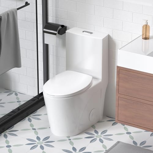 Inodoro de una pieza, inodoro de doble descarga, inodoro alargado, altura ADA 12 pulgadas con sifón en S, cerámica blanca brillante, asiento de cierre suave, descarga sifónica potente de 1000 g, montaje en piso para baños miniatura 3