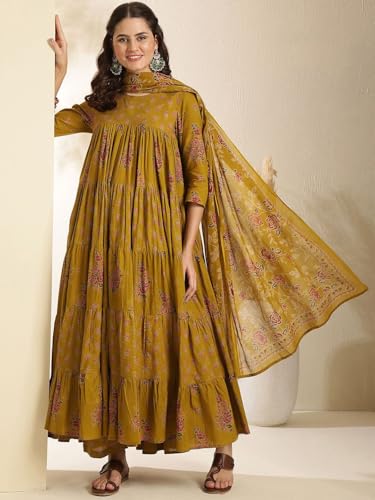 Image of ANNI Designer Viscose Blend Kurta for Women | Kurti Set Woman | Anarkali Kurta with Pant & Dupatta | Black Floral Hand Block Printed Suit | Ethnic Indian Outfit Party Office Traditional Fashion Wear