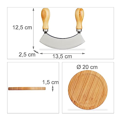 Foto von Relaxdays Wiegemesser mit Brett, Bambus & Edelstahl, zweischneidiges Kräutermesser, Kräuterbrett Ø 20 cm, natur/silber