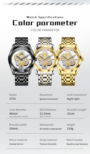 Image of OLEVS Skeleton Watch for Men Original Analog Quartz Luxury Black Stainless Steel Waterproof Luminous Men's Modern Wrist Watch