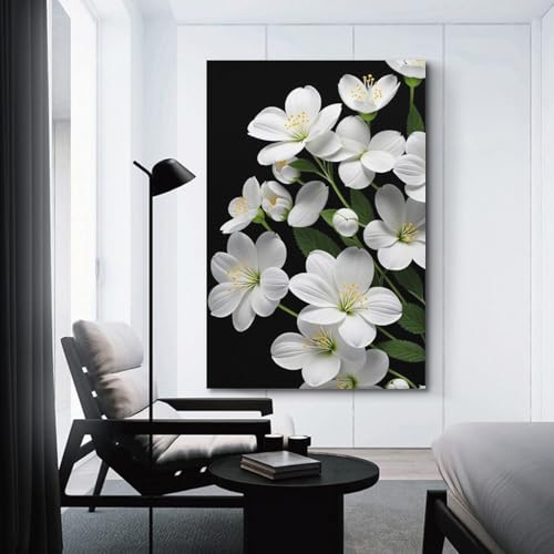 Bouquet de fleurs blanches ZHOUKEG tableau noir art moderne 60x90cm