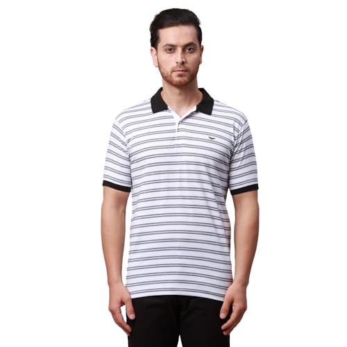 Image of Park Avenue Men's Cotton Polyester Blend Stripe Pattern Slim Fit Rib Collar Polo Neck Half Sleeve Casual T-Shirt