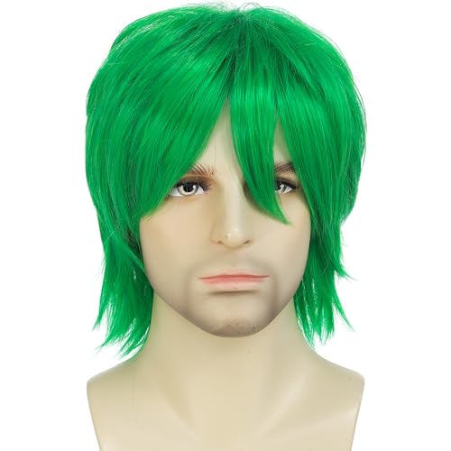 kossys Short Green Wig for Men Short Layered Fluffy Spiky Wigs with Bangs Cosplay Wigs for Costume Party and Dress Up with Wig Cap (Green)