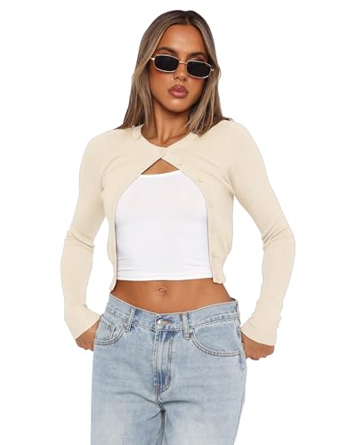 Image of Cardigan Sweaters for Women Crew Neck Cropped Sweater Tops Dressy Casual Long Sleeve Shirts Apricot S