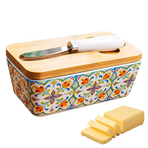Qkbuza Caja de Mantequilla - Mantequillero De Cerámica Para Encimera Con Tapa Y Cortador,Organizador de Cocina Decorativo para Encimera Mesa Comedor Regalo Casa Nuevas Fiestas