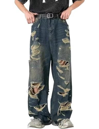 Y2k Men Baggy Ripped Jeans Loose Fit Wide Leg Denim Pants Hip Hop Distressed Streetwear Jeans Trousers