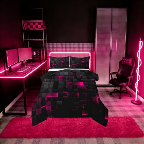 Image of Erosebridal Black Hot Pink Comforter Set Full Neon Geometric Checkered Bedding Set for Girls Teen Women Abstract Stereoscopic Grids Quilt Square Plaid Bed Set 3 Pcs Gamer Room Decor