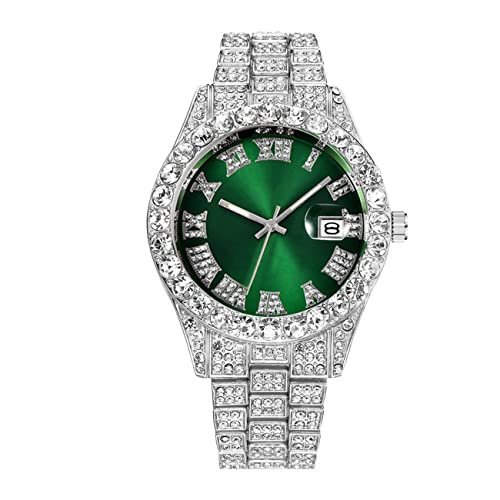 Montre Hip Hop pour homme en acier inoxydable strass et calendrier romain