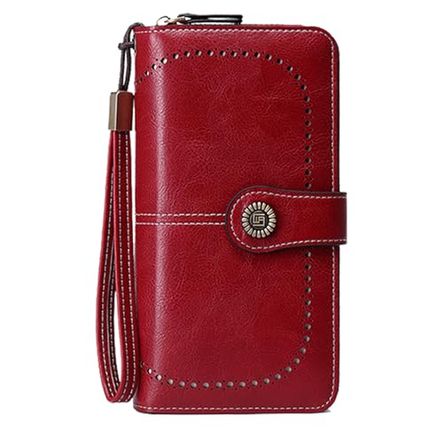 BYWAUQI Wallets for Women Leather Large Capacity Credit Card Holder for Women with Wristlet Zipper Pocket ID Window(red)
