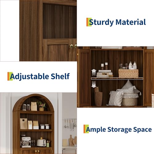 GAOMON 72'' Tall Arched Cabinet, 5 Tier Arched Bookshelf with Double Doors & Adjustable Shelf, Wooden Bookcase with Storage for Living Room, Bedroom, Study, Kitchen, Home Office, Walnut Color