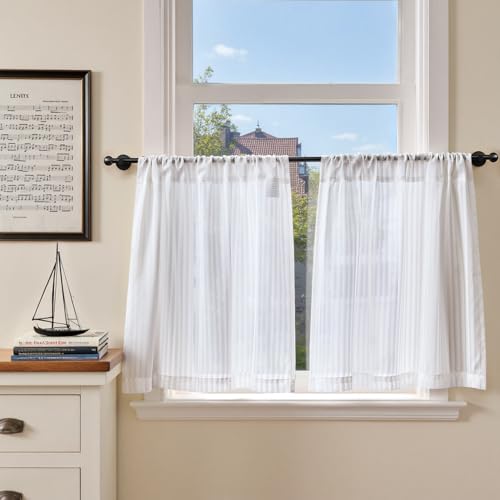 TOPICK White Striped Voile Net Kitchen Curtains 24 Inch Drop Sheer Light Filtering Short Tier Cafe Curtains for Bathroom Cupboard Living Room Door Small Window Rod Pocket 2 Panels