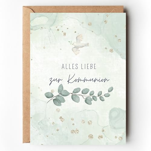 Glückwunschkarte zur Kommunion Eukalyptus Kommunionskarte für Jungen und Mädchen Friedenstaube Aquarell A6 Karte mit Umschlag für Geld Geschenk Erstkommunion (1 Karte mit Umschlag)