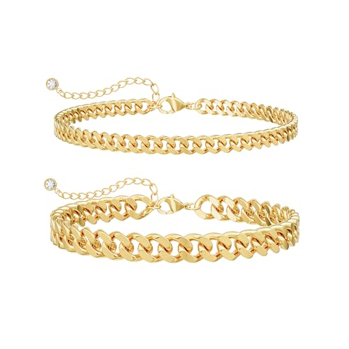 Gold Ankle Bracelets for Women Waterproof - Dainty Gold Anklets Trendy Layered 14K Gold Plated Stackable Chunky Cuban Link Chian Anklet Bracelet Set for Women Non Tarnish Jewelry Gift