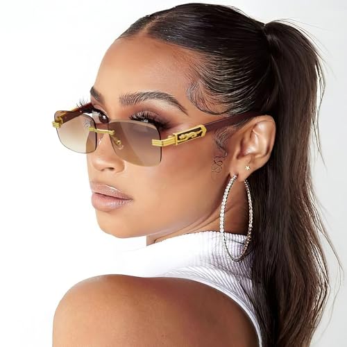 Dollger Rimless Rectangle Sunglasses for Women Men Fashion Hip hop Frameless Designer Shades Wooden Y2K Square Glasses3