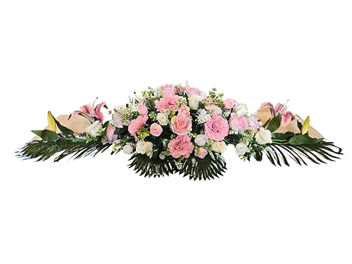 DRW Centro de Flores Artificiales cojin Cementerio procesiones, Iglesias Bodas o sepulturas Tonos Rosas Estilo Barco con liliums 115x43x27