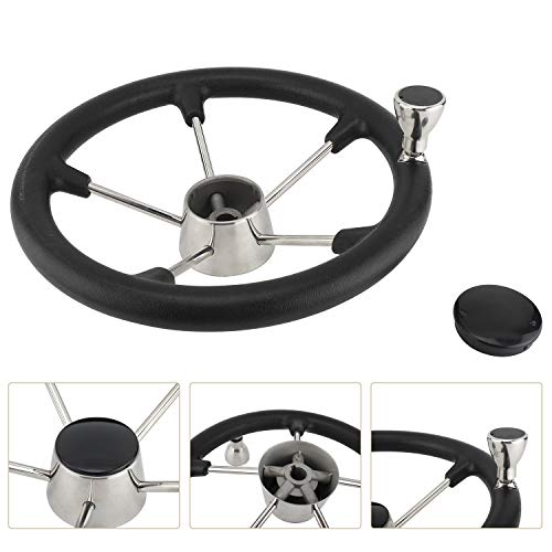 Yaegarden 11 Inch 5 Spokes Boat Steering Wheel, Stainless Marine Wheel with Black Foam Grip & Turning Knob