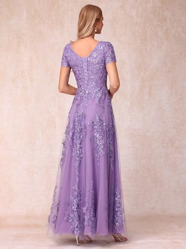 YOFF Lace Appliques Mother of The Bride Dresses Short Sleeves Long Sequin Beaded Formal Evening Prom Dress YO1492