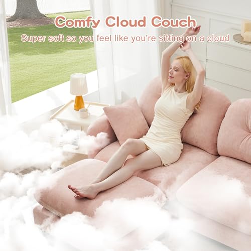 Image of KEIKI 107 inch U-Shaped Oversized Chenille Modular Sectional Sofa with 2 Ottoman, High-Density Foam Cushions, Tufted Pleated Cushion Backrest, Modern 3-Seater Couch with 2 Pillow, for Living Room, Pink