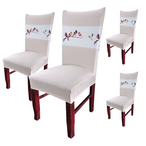 Image of House of Quirk Elastic Chair Cover Stretch Removable Washable Short Dining Chair Cover Protector Seat Slipcover (Pack of 4, Beige Bird)