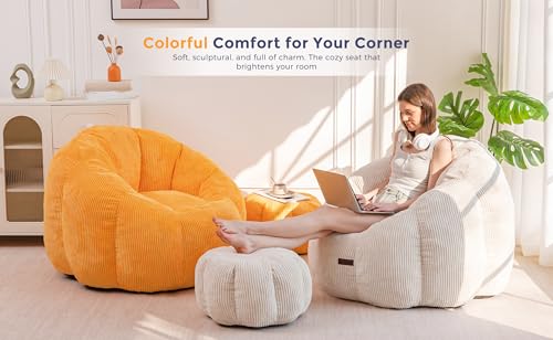 Image of MAXYOYO Giant Bean Bag Chair with Ottoman, Pumpkin-Shaped Bean Bag Sofa with Footstool, Oversized Boneless Couch Chair in a Box, Comfy and Lazy Lounge for Dorm, Living Room, Bedroom, Beige