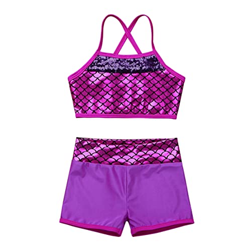 Image of Agoky Kids Girls 2PCS Sports Outfits Ballet Gym Sequins Mermaid Tank Top Shorts Set Tankini Swimwear Gymnastics Tracksuit