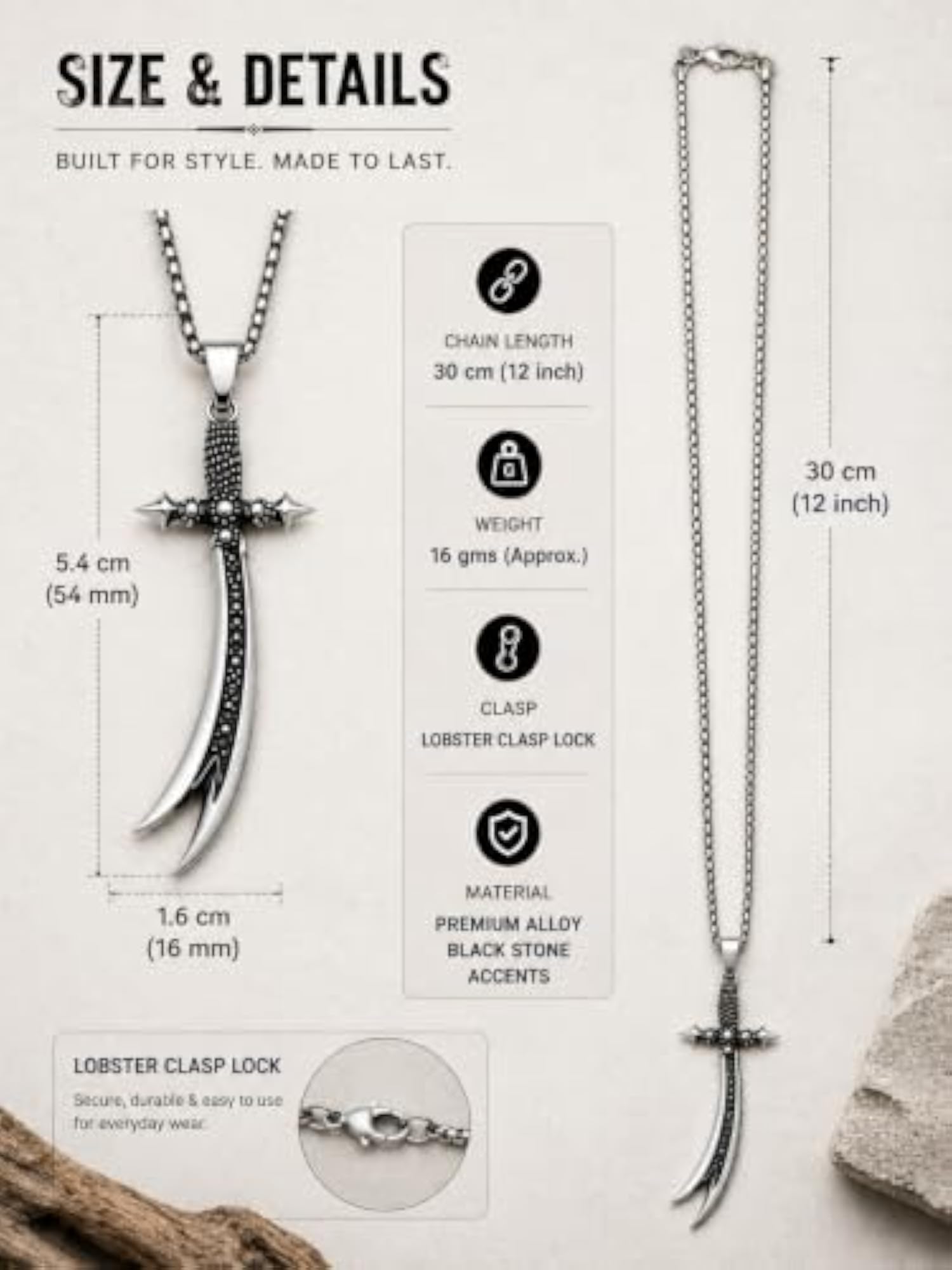 Men's Gothic Silver Tone Sword Pendant Necklace