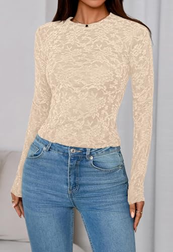 PRETTYGARDEN Women's 2025 Fall Long Sleeve Lace T Shirts Crewneck Silm Fit Embroidered Fashion Mesh Tops Shirts3