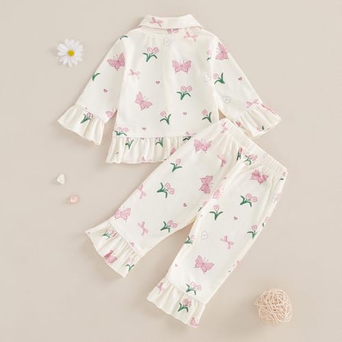 Vioyavo Toddler Kid Baby Girls 2Pcs Pajama Set Strawberry/Butterfly Print Sleepwear Spring Autumn Long Sleeve Ruffle Shirt Top Long Pants (White, 3-4 Years) - Image 2