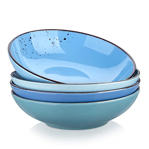 vancasso Navia Oceano Pasta Bowl Soup Bowl Set 8in Ceramic Soup Plate, Stoneware Vintage Look Blue Dinnerware Tableware, 900 ml Ramen Noodle Bowl Set of 4