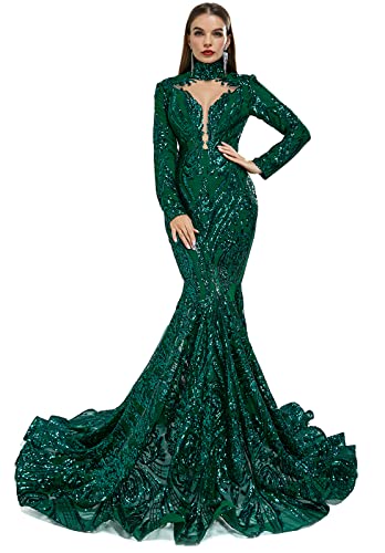 Ikerenwedding Women's High Neck Sequins Mermaid Evening Dress with Sleeves Green