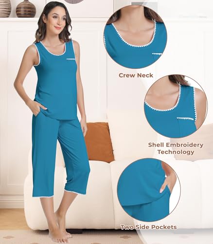 Image of NACHILA Pajamas for Women-Viscose Made from Bamboo, Sleeveless Pjs Tank Top Capri Pants Pajama Sets Cooling Sleepwear
