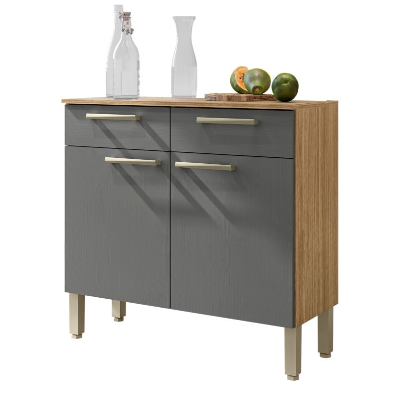 ACTUAL DIFFUSION Buffet Bas Meuble Cuisine 2 Portes 2 Tiroirs Chêne et Gris L 90.9 H 86 P 36.3 cm