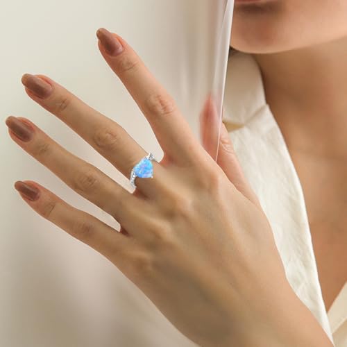 925 Sterling Silver Blue Opal Ring Heart Opal Engagement Rings for Women Opal Promise Ring Opal Gemstone Oval Sunburst Halo Ring for Women Birthstone Anniversary Ring Size 5 to 93
