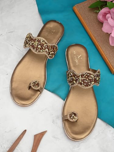 Image of XE Looks Women's Copper Gold Embellished Slippers | Stylish Glittering Design with Comfort Sole | Comfort and Durability Combined Slipper For Girls & Women