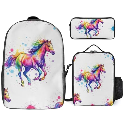 3PCS Backpacks Set, Large Capacity Travel Daypack 17 Inch Watercolor Horse Insulated Lunch Bag Lightweight Compact Pencil Pen Case