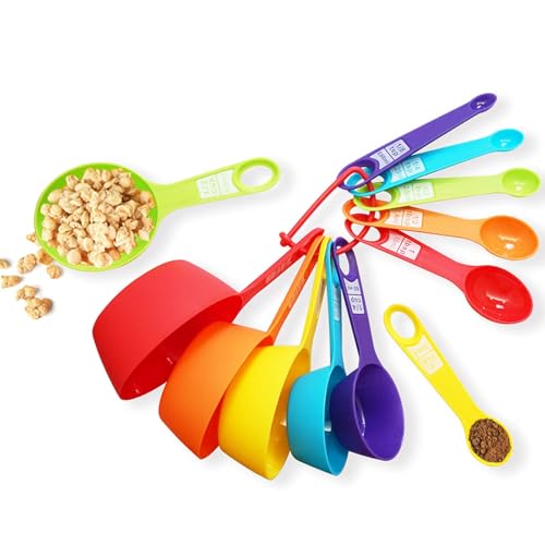 MOMENT 12 Piece Measuring Cups and Spoons Set Plastic Scoop Stackable Colored Kitchen Baking Measure Tools Durable Nesting Measuring Cup and Spoon for Dry and Liquid Ingredients Multicolour